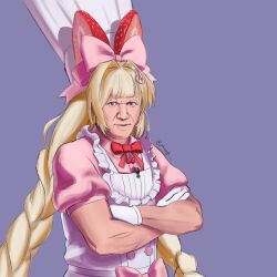 Rule 34 | 1boy, apron, artist name, blonde hair, blue background, blunt bangs, bow, braid, braided ponytail, chef hat, closed mouth, commentary, cosplay, crossed arms, crust (nikke), crust (nikke) (cosplay), english commentary, english text, food, frilled apron, frills, fruit, gloves, goddess of victory: nikke, gordon ramsay, hair intakes, hair ornament, hat, hat bow, highres, jahweigh, large hat, long hair, looking at viewer, male focus, nose, pink bow, pink shirt, rabbit hair ornament, real life, realistic, red eyes, shirt, strawberry, toned, toned male, twitter username, upper body, very long hair, waist bow, white apron, white gloves, white hat
