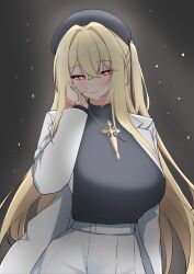 1girl absurdres alternate_costume beret black_hat black_shirt blonde_hair blush bosseon breasts bright_pupils casual coat commentary counter:side crossed_bangs ecclesia_(counter:side) grey_background hair_between_eyes hair_intakes half-closed_eyes hand_in_own_hair hand_on_own_cheek hand_on_own_face hat highres jewelry large_breasts long_hair long_sleeves looking_at_viewer necklace one_side_up open_clothes open_coat pendant red_eyes ringed_eyes shirt smile solo white_coat white_pupils