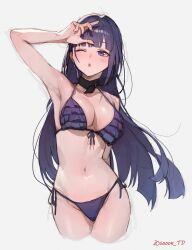 1girl arm_up artist_name bare_shoulders bikini black_ribbon blush breasts cleavage cropped_legs front-tie_bikini_top front-tie_top highres honkai_(series) honkai_impact_3rd large_breasts long_hair looking_ahead navel neck_ribbon one_eye_closed open_mouth purple_bikini purple_eyes purple_hair raiden_mei raiden_mei_(apho) ribbon side-tie_bikini_bottom solo sooon stomach straight_hair swimsuit very_long_hair