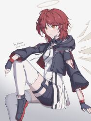 1girl arknights arm_cutout black_gloves black_jacket chinese_commentary closed_mouth commentary_request crop_top cropped_jacket dated detached_wings exusiai_(arknights) exusiai_the_new_covenant_(arknights) fingerless_gloves foot_out_of_frame gloves gradient_background grey_background grey_halo halo highres hood hood_down hooded_jacket invisible_chair jacket knee_up long_sleeves red_hair short_hair sitting smile solo thigh_strap thighhighs traditional_halo white_thighhighs wings yanyan_blazee yellow_eyes