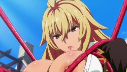 1girl angry animated animated_gif arms_(studio) bdsm blonde_hair bondage bound breast_bondage breasts highres huge_breasts kaneko_hiraku large_areolae nipples open_clothes open_shirt red_eyes rope school_uniform shikishima_mirei struggling tight_clothes valkyrie_drive valkyrie_drive_-mermaid-