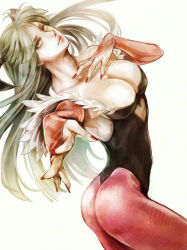 1girl arched_back armpits ass bare_shoulders bat_wings breasts bridal_gauntlets cleavage clothing_cutout collarbone commentary_request darkstalkers demon_girl elbow_gloves feather-trimmed_leotard feather_trim feathers fingerless_gloves fingernails foreshortening gloves green_eyes green_hair hand_on_own_chest head_wings heart heart_cutout highleg highleg_leotard large_breasts leotard lips lipstick long_fingernails long_hair looking_at_viewer makeup morrigan_aensland nail_polish no_bra one-piece_thong outstretched_hand panties pantyhose photoshop_(medium) plunging_neckline pointing pointing_at_viewer red_nails sidelocks simple_background solo tetra_takamine thong_leotard underwear white_background wings