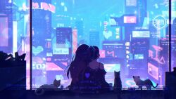 2girls absurdres artist_name bare_shoulders can cat cityscape commission commissioner_name dated facing_away highres long_hair multiple_girls night night_sky original ponytail rnna sitting sky tagme yuri