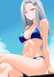 1girl aria_seifort bikini blue_sky blush breasts cloud collarbone commission crossed_legs day engo_(aquawatery) glasses grey_hair hair_ornament hairclip highres large_breasts looking_at_viewer navel outdoors parted_lips pixiv_commission purple_eyes rising_impact sitting sky smile solo stomach swimsuit thighs underboob