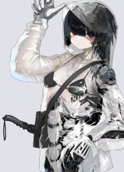 1girl absurdres adjusting_hood bag bikini bikini_top_only black_bikini black_hair breasts commentary_request cyborg gloves grey_background highres hood hood_up hooded_jacket jacket joints long_hair looking_at_viewer original pale_skin prosthesis prosthetic_arm raincoat red_eyes robot_joints see-through_clothes see-through_jacket shiny_clothes shoulder_bag simple_background single_glove small_breasts solo swimsuit upper_body white_gloves yunimaru