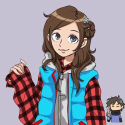 1boy 1girl black_scarf blue_vest brown_hair closed_eyes commentary cosplay costume_switch english_commentary eyelashes grey_background grey_hoodie hair_bun hair_ornament hood hood_down hoodie junpei_(kyokugen_dasshutsu) junpei_(kyokugen_dasshutsu)_(cosplay) kurashiki_akane kurashiki_akane_(cosplay) kyokugen_dasshutsu kyokugen_dasshutsu:_9_jikan_9_nin_9_no_tobira long_hair long_sleeves open_clothes open_vest plaid_clothes plaid_shirt purple_eyes red_shirt scarf sear_seer shirt short_hair simple_background single_side_bun smile solo_focus sweatdrop thumbs_up vest