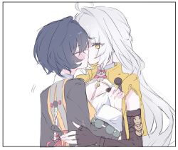 2girls belle_(delicate_sunlight)_(zenless_zone_zero) belle_(zenless_zone_zero) black_gloves black_jacket blue_hair blush breasts cleavage closed_eyes elbow_gloves feifeian64 gloves hand_on_another&#039;s_shoulder jacket kiss long_hair multiple_girls short_hair simple_background white_background white_hair yellow_eyes yixuan_(zenless_zone_zero) yuri zenless_zone_zero