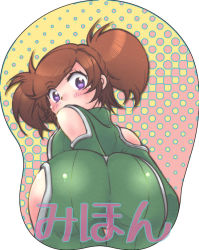 Rule 34 | 1girl, arm cutout, ass, ass mousepad, blush, bodysuit, clothing cutout, female focus, from behind, leg cutout, looking back, mecha pilot suit, mikagami mimika, mousepad (medium), pilot suit, purple eyes, red hair, sample watermark, shiny clothes, short hair, short twintails, skin tight, solo, soukyuu no fafner, synergetic suit, twintails, watermark, yamabuki awo