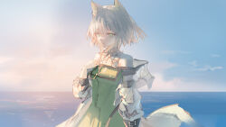1girl absurdres arknights breasts closed_mouth commentary dress green_dress highres kal&#039;tsit_(arknights) long_sleeves luozhou_pile short_hair small_breasts solo white_hair