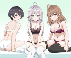 3girls ahoge alisa_mikhailovna_kujou ass black_bra black_eyes black_hair black_panties black_thighhighs blue_eyes blush bow bow_panties bra breasts breasts_squeezed_together brown_eyes brown_hair closed_mouth from_behind green_background grey_hair large_breasts long_hair looking_at_viewer mariya_mikhailovna_kujou medium_hair mole mole_under_eye multiple_girls navel open_mouth panties red_bra red_panties sarashina_chisaki short_hair sideboob simple_background smile sorcerer&#039;s_sutra_scroll stomach thighhighs tokidoki_bosotto_roshia-go_de_dereru_tonari_no_alya-san underwear underwear_only vierosky white_bra white_panties white_thighhighs