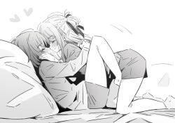 2girls barefoot blush braid closed_eyes greyscale half_up_braid heart hug long_hair long_sleeves lwmina70119 lying miyagi_shiori monochrome multiple_girls on_back open_mouth sendai_hazuki short_hair shorts shuuniichido_classmate_wo_kau_hanashi sidelocks yuri