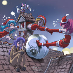 &gt;_&lt; 10s 2015 4girls :d aino_megumi animal_costume antlers aqua_hair artist_name bell blush pom_pom_beanie boots bow brick brown_hair chimney christmas closed_eyes dated flying_sweatdrops folding_fan full-face_blush gloves hair_bow hairband hand_fan happinesscharge_precure! hat highres hikawa_iona horns isedaichi_ken japanese_flag jingle_bell monster moon multiple_girls night night_sky oomori_yuuko open_mouth outdoors paper_fan pink_bow pink_hair ponytail precure pulling purple_hair red_footwear red_gloves red_legwear reindeer_antlers reindeer_costume ribbon_(happinesscharge_precure!) rooftop sack santa_boots santa_costume santa_gloves santa_hat shirayuki_hime sitting sky smile stuck teeth thighhighs