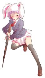 1girl alphes_(style) animal_hood arisaka bayonet blazer blush bolt_action business_suit closed_eyes closed_mouth collared_shirt commentary_request dairi formal_clothes full_body furrowed_brow gun hood jacket large_variant_set loafers miniskirt necktie parody purple_hair rabbit_hood reisen_(touhou_bougetsushou) rifle running shirt shoes short_hair skirt solo style_parody suit tachi-e thighhighs touhou transparent_background variant_set weapon