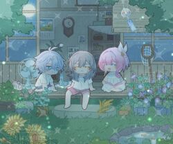 1boy 2girls ahoge barefoot blue_eyes blue_shorts butterfly_net calendar_(object) clock commentary_request commission cyrene_(honkai:_star_rail) dress electric_fan feet flower grass grey_hair hand_net honkai:_star_rail honkai_(series) indian_style medium_hair meravigliaq multicolored_hair multiple_girls night phainon_(honkai:_star_rail) pink_flower pink_hair pink_shorts pink_tulip shirt shorts sitting smile stelle_(honkai:_star_rail) sunflower trailblazer_(honkai:_star_rail) tulip two-tone_hair wall_clock watermark wheat white_dress white_hair white_shirt wind_chime wooden_floor