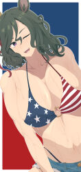 Rule 34 | 1girl, ;d, absurdres, american flag, american flag bikini, american flag print, animal ears, bikini, blue background, blue hair, braid, breasts, brown hair, cloud, commentary request, cowboy shot, dutch angle, flag print, flag print bikini, grin, hair between eyes, highres, horse ears, horse girl, horse tail, kumabachi315, large breasts, looking at viewer, multicolored hair, navel, o-ring, o-ring bikini, one eye closed, open mouth, print bikini, purple eyes, red background, red hair, short hair, simple background, smile, solo, streaked hair, swimsuit, tail, tap dance city (umamusume), teeth, two-tone background, umamusume