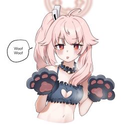 1girl :p ahoge animal_hands bell black_bra blue_archive blush bra breasts cat_cutout cat_lingerie cat_paws cleavage_cutout clothing_cutout english_text frilled_bra frills gloves halo highres jingle_bell long_hair meme_attire natsu_(blue_archive) navel neck_bell pink_hair pink_halo red_eyes side_ponytail simple_background small_breasts solo speech_bubble tongue tongue_out underwear upper_body white_background yongkak