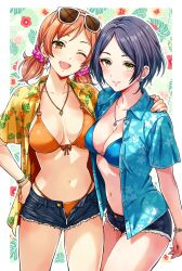 2girls absurdres bikini blue_bikini blue_hair blue_shirt blush breasts brown_eyes cleavage collarbone denim denim_shorts earrings eyewear_on_head floral_print_shirt front-tie_bikini_top front-tie_top hand_on_another&#039;s_shoulder hand_on_own_hip hayami_kanade highres idolmaster idolmaster_cinderella_girls jewelry komatsu_ibuki looking_at_viewer low_twintails medium_breasts medium_hair multiple_girls navel necklace one_eye_closed open_clothes open_mouth open_shirt orange_bikini orange_hair parted_bangs parted_lips popon_ta shirt short_hair shorts smile sunglasses swimsuit thighs twintails yellow_eyes yellow_shirt