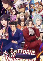 6+boys 6+girls :d ;d absurdres ace_attorney adjusting_eyewear anniversary antenna_hair armpits ascot athena_cykes bald bandage_on_face bandages beard black_dress black_gloves black_hair black_jacket black_vest blue_bow blue_eyes blue_hair blue_headwear blue_jacket blue_necktie blue_pants bow brown_hair clenched_hand coffee_mug collared_shirt confetti cup dark-skinned_male dark_skin dick_gumshoe double_thumbs_up dress earrings ema_skye facial_hair franziska_von_karma gloves goatee godot_(ace_attorney) grey_hair hair_between_eyes hair_bow hair_rings hat highres holding holding_cup jacket japanese_clothes jewelry kimono larry_butz long_hair long_sleeves looking_at_viewer magatama magatama_necklace mask maya_fey mia_fey miles_edgeworth mug multiple_boys multiple_girls necklace necktie one_eye_closed open_mouth orange_hair orange_jacket pants partially_fingerless_gloves pearl_fey phoenix_wright pointing pout purple_kimono red_bow red_jacket red_necktie red_pants red_vest shirt short_hair side_ponytail single_glove sleeveless sleeveless_dress smile sunglasses teeth the_judge_(ace_attorney) thumbs_up top_hat trucy_wright upper_teeth_only vest white_ascot white_gloves white_hair white_shirt yellow_jacket yyyo_m7