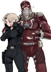 1boy 1girl absurdres beard black_gloves blonde_hair blush closed_eyes commentary english_commentary facial_hair fingerless_gloves gloves hand_on_own_face heartbreak_juan height_difference highres looking_at_viewer marvel marvel_cinematic_universe one_eye_closed red_gloves red_guardian_(marvel) short_hair simple_background superhero_costume thunderbolts_(film) white_background yelena_belova
