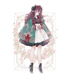 1girl black_horns bow commentary commission double-parted_bangs dress embroidery floral_background flower full_body gem highres horns lemon89h looking_at_viewer original pink_flower pink_rose pointy_ears purple_hair red_bow red_eyes red_gemstone rococo_movement rose shoes solo standing wavy_hair