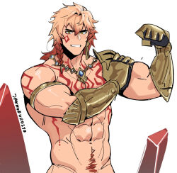 1boy abs artist_name bara body_markings braid commentary earrings english_commentary flexing gauntlets gem honkai:_star_rail honkai_(series) jakkufurosto jewelry looking_at_viewer male_focus marking_on_cheek multicolored_hair muscular muscular_male mydei_(honkai:_star_rail) necklace pectorals topless_male