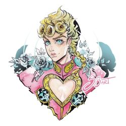 1boy blonde_hair blue_eyes blue_flower braid braided_ponytail cleavage_cutout clothing_cutout commentary cropped_torso earrings english_commentary flower giorno_giovanna heart_cutout high_collar jacket jewelry jojo_no_kimyou_na_bouken ladybug_ornament male_focus painting_(medium) pink_jacket portrait rose si3art signature single_braid smile solo stud_earrings traditional_media vento_aureo watercolor_(medium) wavy_hair wings_ornament