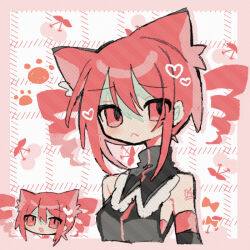 1girl animal_ears bare_shoulders black_shirt cat_ears cat_girl detached_sleeves drill_hair kasane_teto kemonomimi_mode looking_at_viewer multiple_views okashira_moppu red_eyes red_hair shirt sleeveless sleeveless_shirt twin_drills utau