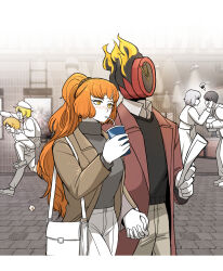 1other absurdres alternate_costume casual character_request clock coat dante_(limbus_company) don_quixote_(project_moon) exadcr95 fire flaming_head highres holding_hands ishmael_(project_moon) limbus_company object_head other_with_female project_moon red_coat sinclair_(project_moon)