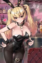 1girl :q alcohol animal_ears bar_(place) bare_shoulders black_pantyhose blonde_hair bottle breasts cleavage commentary_request fake_animal_ears highres large_breasts leotard long_hair looking_at_viewer original pantyhose playboy_bunny rabbit_ears solo standing takanashi_kei_(hitsujikan) tongue tongue_out