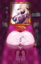 1girl absurdres anal anal_object_insertion ass barefoot blonde_hair breasts character_name cleavage covered_erect_nipples cum cum_on_ass cum_on_body cum_on_picture cynthia_(pokemon) from_behind glory_wall grey_eyes hair_ornament hair_over_one_eye highres huge_breasts ierou_yellow nintendo object_insertion picture_frame poke_ball poke_ball_(basic) pokemon pokemon_dppt public_use pussy sex_toy soles solo spotlight struggling stuck textless_version through_wall trembling vaginal vaginal_object_insertion variant_set vibrator