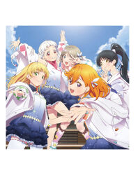 5girls arashi_chisato arms_up artbook black_hair blonde_hair blue_eyes cloud double_bun green_eyes grey_hair hair_bun hairband hazuki_ren heanna_sumire highres hood jacket long_hair looking_at_viewer love_live! love_live!_superstar!! multiple_girls non-web_source official_art one_eye_closed open_mouth orange_hair ponytail purple_eyes red_eyes shibuya_kanon skirt sky smile tang_keke thighhighs v white_hair yellow_eyes