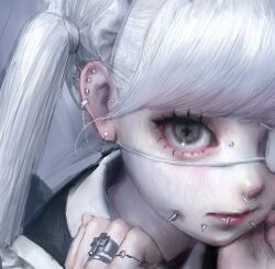 1girl close-up closed_mouth cross-shaped_pupils ear_piercing earrings eyelashes eyepatch grey_eyes hatena_(nazequestion) highres jewelry lips long_hair looking_at_viewer medical_eyepatch mouth_piercing nose_piercing original piercing ring solo symbol-shaped_pupils twintails upper_body white_hair