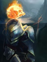 1other ambiguous_gender armor arms_at_sides bridge commentary english_commentary fantasy fire flaming_skull fog highres living_armor looking_away marty_eb medieval mountain no_neck open_mouth outdoors plate_armor procreate_(medium) runescape signature skull solo standing upper_body water