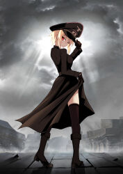 1girl absurdres adjusting_clothes adjusting_headwear blonde_hair boots brown_gloves cross epaulettes full_body gloves hat highres iron_cross jiseki_rena looking_at_viewer looking_back military_uniform military_vehicle motor_vehicle original peaked_cap red_eyes reichsadler rena_(jiseki_rena) short_hair solo standing tank thighhighs thighs tsurime