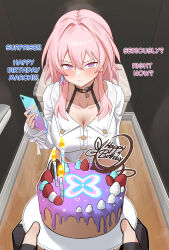 Rule 34 | 1boy, 1girl, absurdres, bare legs, bathroom, birthday cake, blue eyes, blush, bonz (bonz0616), bottomless, breasts, caelus (honkai: star rail), cake, cellphone, cleavage, collarbone, commentary, english commentary, english text, food, hair between eyes, hand up, happy birthday, highres, holding, holding phone, honkai: star rail, honkai (series), indoors, large breasts, legs, long hair, long sleeves, looking at viewer, march 7th (honkai: star rail), march 7th (preservation) (honkai: star rail), multicolored eyes, navel, on toilet, parted lips, phone, pink eyes, pink hair, pov, pov hands, revision, shirt, sitting, smartphone, solo, stomach, toilet, trailblazer (honkai: star rail), twitter username, two-tone eyes, underwear, variant set, white shirt, wooden floor