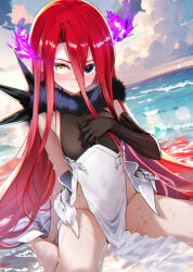 1girl bare_shoulders beach black_dress black_eyes black_gloves blue_sky blush breasts dress elbow_gloves fate/grand_order fate_(series) fire gloves hair_between_eyes heterochromia highres hitsujibane_shinobu long_hair looking_at_viewer ocean pelvic_curtain purple_fire red_hair shore single_elbow_glove sky small_breasts solo two-tone_dress typhon_ephemeros_(fate) typhon_ephemeros_(third_ascension)_(fate) very_long_hair white_dress yellow_eyes
