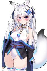 Rule 34 | 1girl, aged down, animal ears, bare shoulders, blush, breasts, elbow gloves, fox ears, fox girl, fox shadow puppet, fox tail, gloves, highleg, highleg leotard, highres, kutan, leotard, long hair, looking at viewer, mizuki (kutan), original, pinwheel, pinwheel hair ornament, purple eyes, ribbon-trimmed thighhighs, ribbon trim, see-through clothes, see-through leotard, small breasts, smile, solo, tail, thighhighs, white hair, white thighhighs