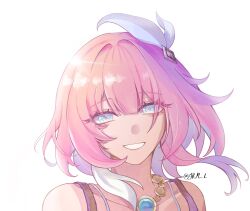 1girl bare_shoulders blue_eyes commentary cyrene_(honkai:_star_rail) english_commentary hair_ornament highres honkai:_star_rail honkai_(series) horapha jewelry looking_at_viewer multicolored_hair necklace pink_hair portrait simple_background smile solo twitter_username two-tone_hair white_background white_hair