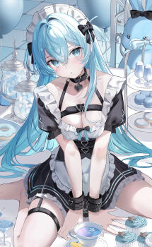 1girl :o absurdres apron aqua_eyes balloon barefoot belt_collar black_bow black_dress blue_hair blue_theme blue_trim blush bound bound_wrists bow breasts chain chair chest_harness choker cleavage cocktail_glass collar collarbone commentary cookie crossed_bangs cuffs cup cupcake dessert donut dress drinking_glass food frilled_apron frilled_headwear frills fruit hair_between_eyes hair_bow hair_intakes hair_spread_out harness haruhiruri head_tilt heart heart_choker heart_o-ring highres jar long_hair looking_at_viewer macaron maid maid_apron maid_headdress medium_breasts o-ring on_table orange_(fruit) orange_slice original plate short_hair sidelocks sitting solo stuffed_toy sweets symbol-only_commentary table teacup thigh_strap thighs tile_floor tiles v_arms very_long_hair wariza white_apron white_dress wrist_belt