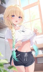 1girl :d aizawa_ema aizawa_ema_(4th_costume) black_shorts blonde_hair blue_eyes blurry blurry_background braid clothes_lift commentary_request cowboy_shot day depth_of_field dolphin_shorts drawstring gradient_hair green_hair hair_ornament hair_over_shoulder highres indoors long_hair looking_at_viewer low_twin_braids midriff multicolored_hair navel official_alternate_costume official_alternate_hairstyle open_mouth plant pom_pom_(clothes) pom_pom_hair_ornament print_shirt shirt shirt_lift short_shorts shorts smile solo t-shirt tied_drawstring twin_braids tyabesu virtual_youtuber vspo! white_shirt