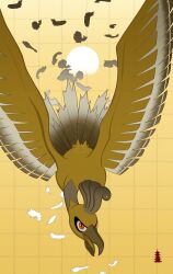 bell_tower_(pokemon) bird feathered_wings feathers flying full_body gen_2_pokemon grid_background highres ho-oh legendary_pokemon looking_at_viewer niku_1002 nintendo no_humans open_mouth pokemon pokemon_(creature) red_eyes simple_background slit_pupils solo sun watermark wings yellow_background yellow_theme