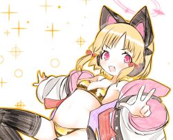 1girl animal_ear_headphones animal_ears bikini black_thighhighs blonde_hair blue_archive blush bow breasts cat_ear_headphones fake_animal_ears gold_bikini hair_bow halo headphones hood hooded_jacket jacket low_twintails momoi_(blue_archive) navel off_shoulder open_mouth outline pink_eyes pink_halo shinbashi_seiji short_hair simple_background small_breasts solo sparkle stomach swimsuit thighhighs twintails v white_background white_jacket