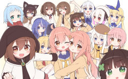 Rule 34 | 2boys, 6+girls, :d, :o, ;d, ahoge, alice (ayanepuna), animal ear fluff, animal ears, animal hat, annotated, antenna hair, apron, beanie, beret, black eyes, black hat, black necktie, black ribbon, black skirt, blonde hair, blue dress, blue eyes, blue hair, blue hairband, blue ribbon, blue sailor collar, blush, bow hairband, brown capelet, brown eyes, brown hair, brown hat, brown jacket, capelet, cat ears, cat girl, cat hair ornament, cheek-to-cheek, closed mouth, clover hair ornament, collared shirt, colored inner hair, commentary, crossdressing, crossdressing (mtf), drawstring, dress, dress shirt, fake animal ears, flower, flying sweatdrops, four-leaf clover hair ornament, green eyes, hair between eyes, hair flower, hair ornament, hair ribbon, hairband, hairclip, hand up, hat, hat ribbon, heads together, heterochromia, highres, hood, hood down, hooded jacket, ii (ayanepuna), index finger raised, jacket, koko (ayanepuna), kotone (ayanepuna), kuu (ayanepuna), long hair, long sleeves, looking at viewer, mana (ayanepuna), mei (ayanepuna), multicolored hair, multiple boys, multiple girls, neck ribbon, neckerchief, necktie, nia (ayanepuna), nono (ayanepuna), one eye closed, open clothes, open jacket, open mouth, original, parted lips, pinafore dress, pink hair, rabbit ears, red eyes, red neckerchief, red ribbon, red scarf, revision, ribbon, sailor collar, sailor shirt, scarf, school uniform, serafuku, shio (ayanepuna), shirt, short sleeves, siblings, simple background, sisters, skirt, sleeveless, sleeveless dress, smile, socks, sui (ayanepuna), suzu (ayanepuna), tamaki (ayanepuna), trap, two side up, v, very long hair, white flower, white hair, white hat, white shirt, white socks, yellow jacket, yellow neckerchief, yuki (ayanepuna), yune (ayanepuna), yuune (ayanepuna), yuune (ayanepuna) (character), zipper pull tab