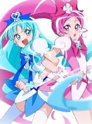 2girls :d :o bare_legs blue_eyes blue_hair blue_skirt brooch cure_blossom cure_marine earrings floating_hair gem green_gemstone hanasaki_tsubomi heart heart_brooch heartcatch_precure! highres jewelry kurumi_erika locked_arms long_hair looking_at_viewer miniskirt multiple_girls open_mouth parted_bangs pink_eyes pink_hair pink_skirt precure shirako_love skirt smile sparkle thighhighs very_long_hair white_thighhighs