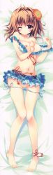 Rule 34 | 1girl, ;o, absurdres, ahoge, ankle ribbon, aqua bikini, bare arms, bare legs, bare shoulders, barefoot, bed sheet, bikini, bikini pull, bikini skirt, blue bikini, blush, breasts, brown hair, cleavage, clothes pull, collarbone, dakimakura (medium), feet, female focus, flower, frilled bikini, frills, full body, green bikini, hair between eyes, hair flower, hair intakes, hair ornament, hands up, highres, huge filesize, ichinose mio (koi ga saku koro sakura doki), izumi tsubasu, koi ga saku koro sakura doki, leg ribbon, looking at viewer, lying, medium breasts, navel, nipples, off shoulder, one eye closed, parted lips, purple eyes, ribbon, short hair, side-tie bikini bottom, solo, swimsuit, toes, undressing