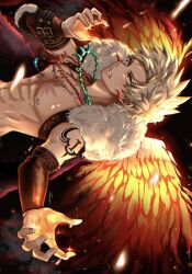 1boy abs bakugou_katsuki bare_pectorals belt belt_buckle black_belt blonde_hair boku_no_hero_academia buckle commentary_request detached_sleeves earrings embers esora-arts feathered_wings fingernails highres jewelry looking_ahead male_focus multiple_necklaces necklace nipples official_alternate_costume orange_eyes pectorals piercing short_hair shoulder_tattoo sideburns sparkle tattoo teeth white_fur wings