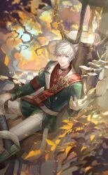 Rule 34 | 1boy, animal ears, artist request, autumn, belt, belt buckle, black belt, black socks, buckle, bug, butterfly, butterfly on hand, buttons, cat boy, cat ears, cat tail, chair, checkered floor, cheshire cat&#039;s dream (shining nikki), coat, collared coat, day, dress pants, dress shoes, foot out of frame, game cg, gloves, gold medal, green coat, green shoes, hand on own leg, happy, highres, insect, kneehighs, lapels, loen (shining nikki), long sleeves, male focus, medal, military uniform, nikki (series), notched lapels, official art, on chair, outdoors, outstretched hand, pants, red sash, red shirt, sash, shining nikki, shirt, shoes, sitting, socks, solo, tail, thigh belt, thigh strap, tree, white gloves, white pants