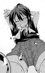 Rule 34 | 1girl, arms behind head, arms up, artist name, black shirt, blush, closed eyes, denim, denim shorts, fang, from below, full-face blush, greyscale, hair between eyes, highres, loose clothes, loose shirt, monochrome, nose blush, one eye closed, open mouth, original, ponytail, shirt, shorts, simple background, skin fang, solo, stretching, sudou (s7 d8), sweat, tomboy, towel, towel around neck, white background