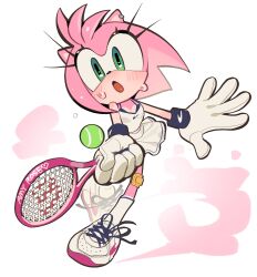 amy_rose ball bare_arms bare_shoulders blush gloves green_eyes highres holding_tennis_racket kosherea midriff open_mouth pink_hair running shirt shoes short_hair skirt sleeveless sleeveless_shirt sneakers sonic_(series) sportswear standing sweat tennis tennis_ball white_background white_footwear white_gloves white_shirt white_skirt