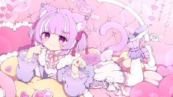 1girl ahoge animal_ear_fluff animal_ears ankle_garter butterfly_hair_ornament cartoon_wings cat_ears cat_girl cat_tail choker clenched_hands closed_mouth commission detached_wings dress full_body fur-trimmed_jacket fur_trim hair_ornament hair_ribbon halo heart heart-shaped_pillow heart_hair_ornament heart_halo highres jacket jewelry long_sleeves looking_at_viewer lying medium_hair multicolored_hair multiple_rings on_stomach open_clothes open_jacket original pillow pink_choker pink_halo pink_nails pink_ribbon purple_eyes purple_hair purple_jacket ribbon ribbon_choker ring shoes skeb_commission smile solo split_mouth streaked_hair tail thighhighs two-tone_hair two_side_up tyomimas variant_set white_dress white_hair white_shoes white_thighhighs white_wings wide_sleeves wings